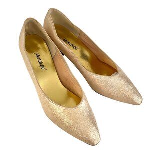 Elegant Gold Vintage Low Heel Pumps 8 Metallic Classic Pointed Toe Party Shoes